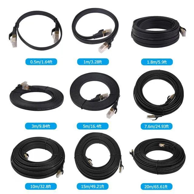 Cat8 SFTP Ethernet patch cord with gold-plated RJ45 connectors, multiple length options