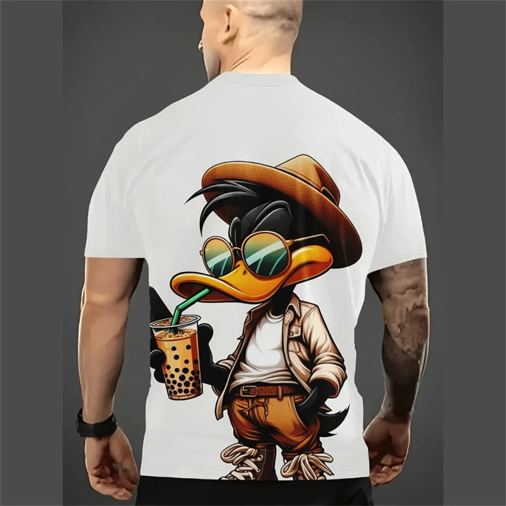 Men's loose casual t-shirt with 3D printed cartoon pattern in milk silk fabric