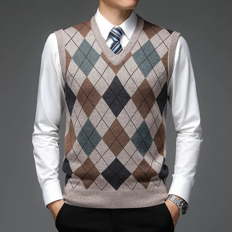 Men's autumn winter V-neck sleeveless wool knit vest in five colours and five patterns, sizes M to XXXL