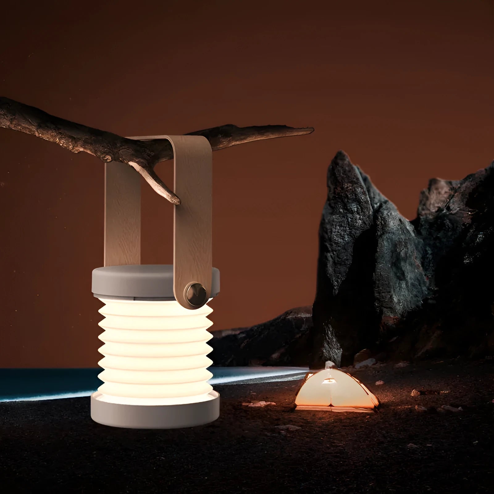 White foldable LED night light in both table lamp and tall lantern configurations, with USB cable.