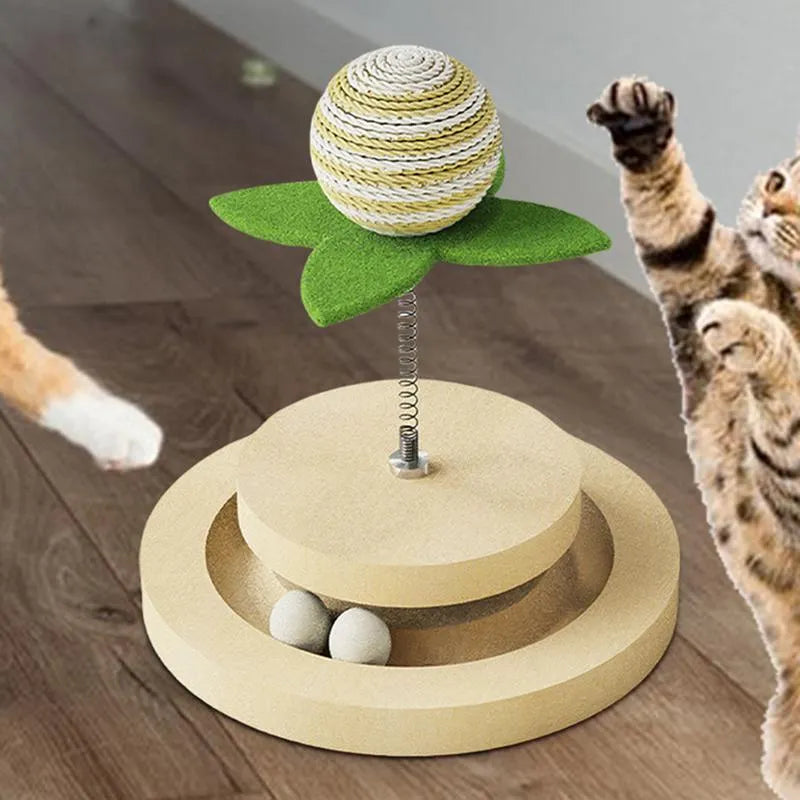 Green sisal cat toy with multi-layer rotating ball track and spring ball for indoor feline play