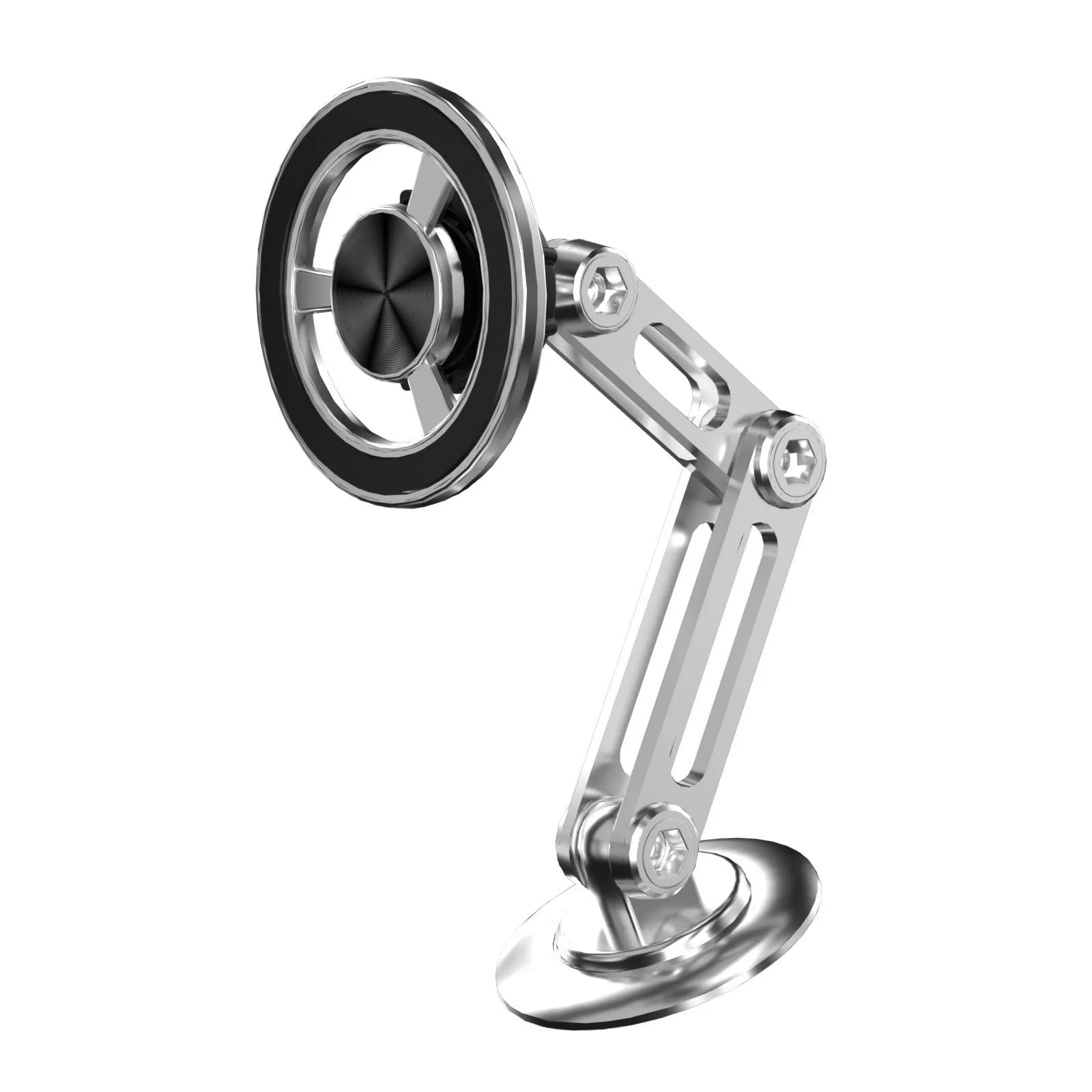 All-metal magnetic car phone holder mounted on a dashboard, showing 360-degree rotation.