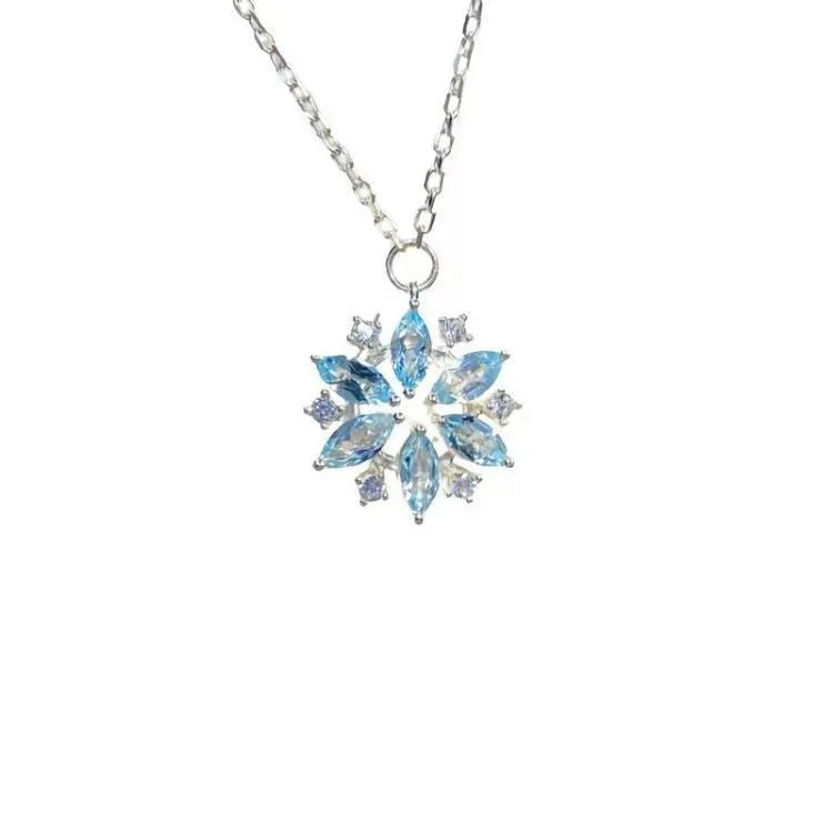 Sky blue snowflake pendant necklace for women with rhinestones, alloy chain, electroplated finish, 21-50cm circumference