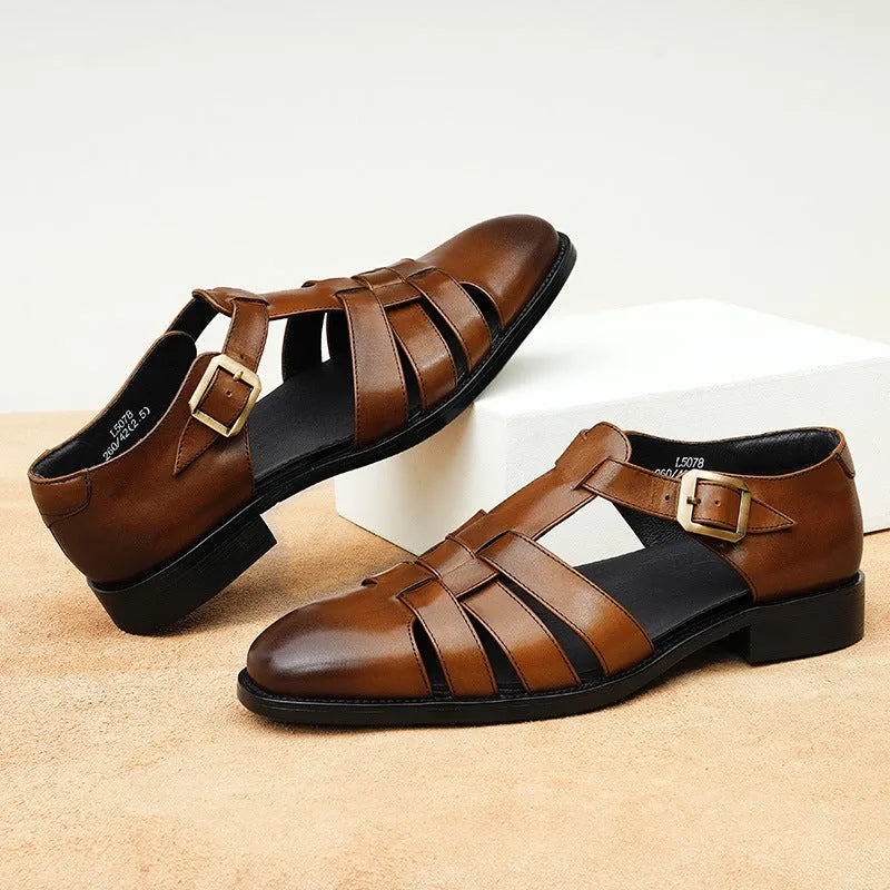 Men's genuine leather retro business sandals in brown with pigskin lining
