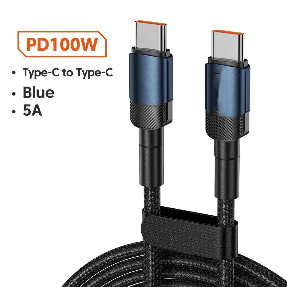 Aluminium alloy woven USB charging cable with 100W PD fast charging in black, blue, purple, or green