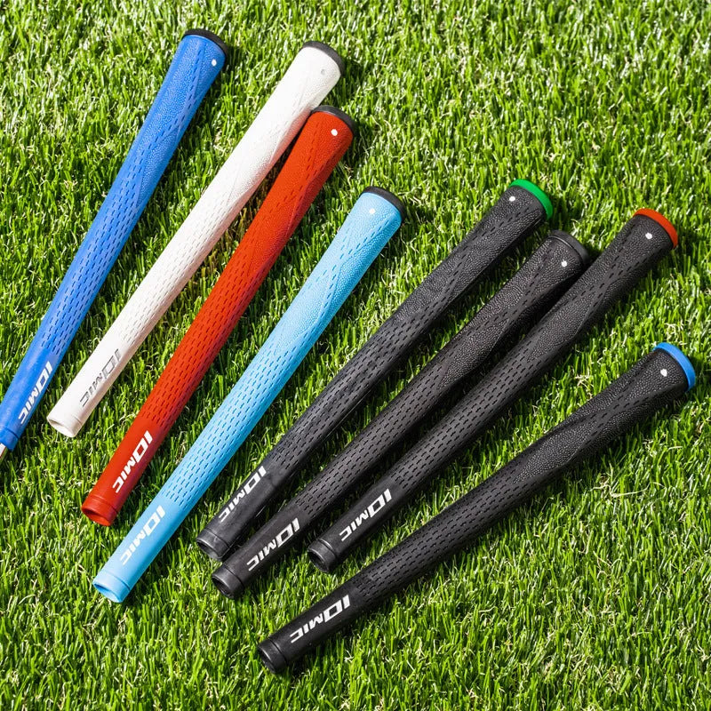 TPE material golf club grip in various colours including pink, red, blue, white, and black with coloured heads.