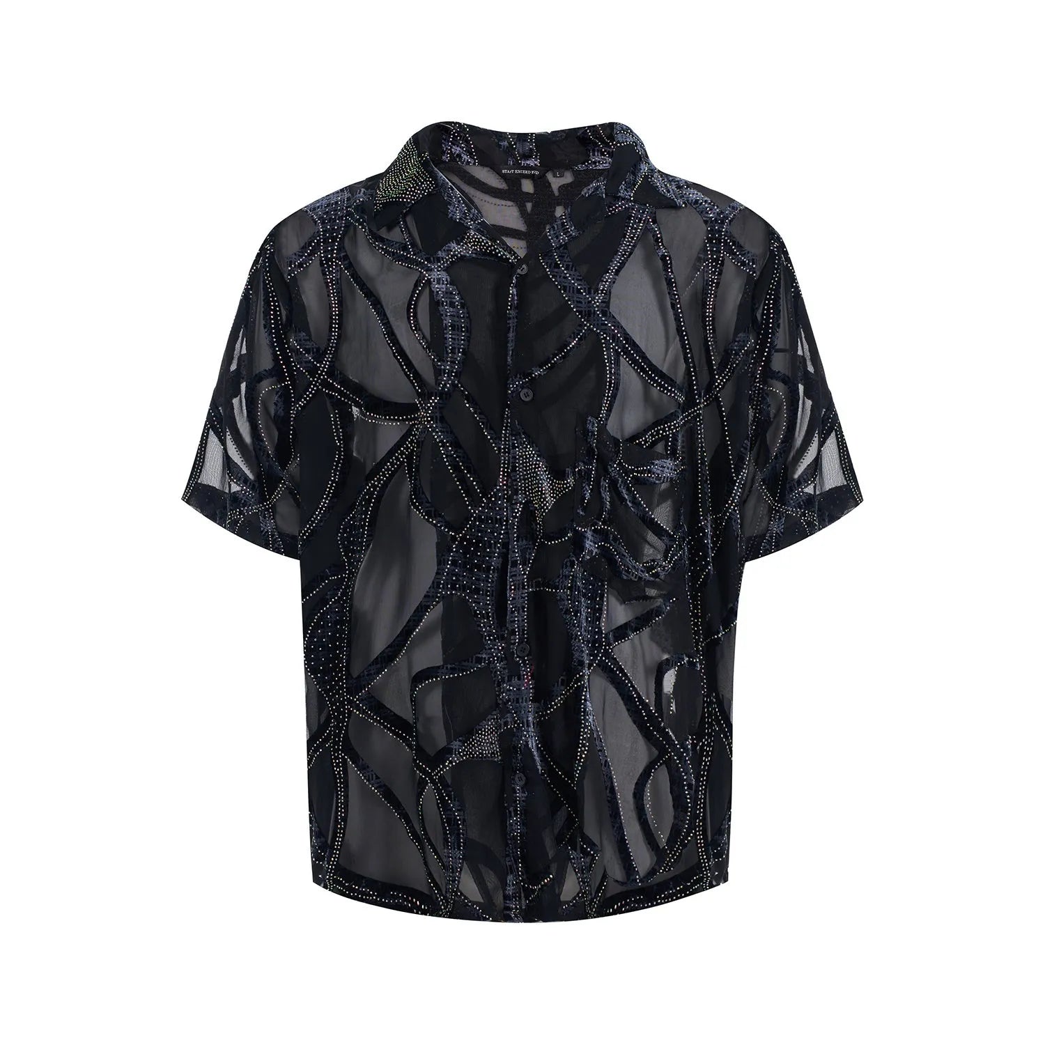 Man wearing a loose-fit black short-sleeved shirt with a translucent snake pattern print and lapel collar.