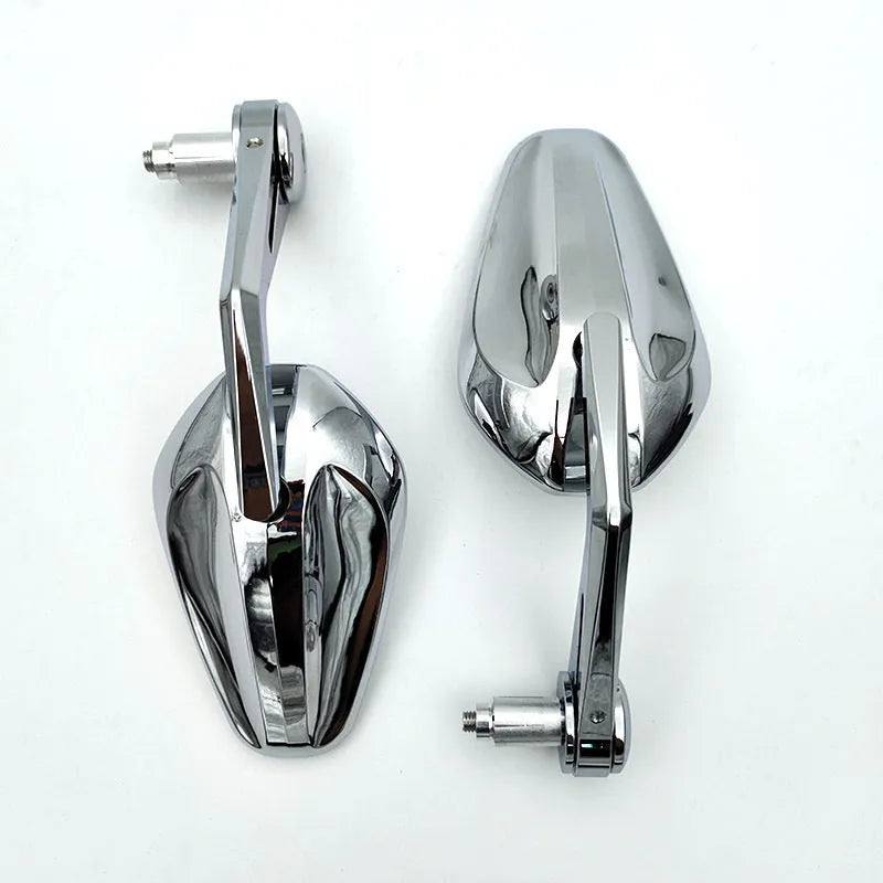 Pair of aluminium alloy retro motorcycle mirrors in black finish mounted on handlebars