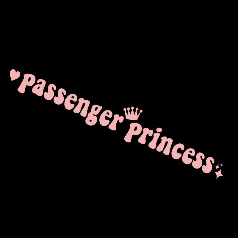Passenger Princess black vinyl car sticker on a car rearview mirror.