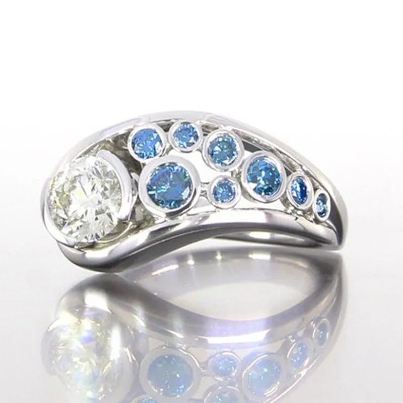 Geometric hollow diamond-inlaid zircon ring for women white gold colour copper retro round