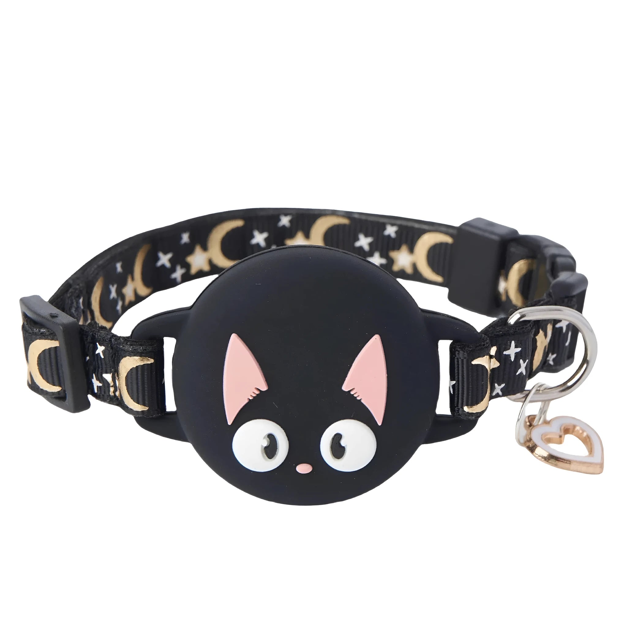 A pink adjustable cat collar with a built-in compartment for an Apple AirTag on a white background.