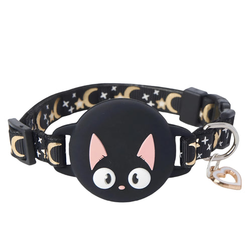 Adjustable plastic cat collar for Apple AirTag in pink, shown on a pink background.