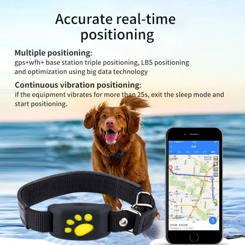Waterproof GPS pet tracker in black casing with yellow interior showing compact dimensions for collar attachment