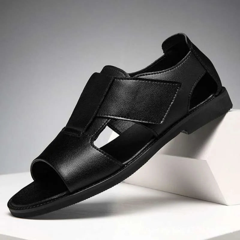 Men's black and brown leather Roman sandals with open toe design and non-slip rubber soles