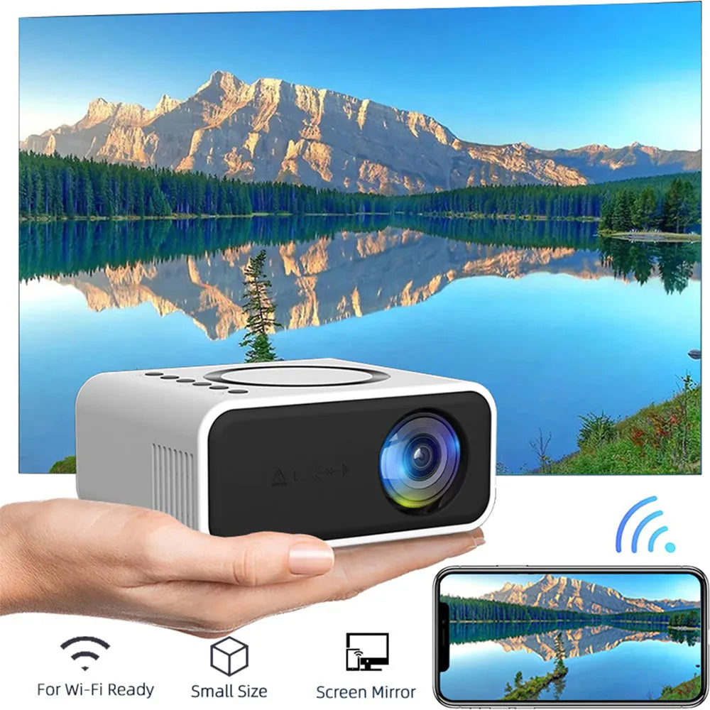 YT300 portable mini projector in black or white with remote control showing 100-inch projection capability