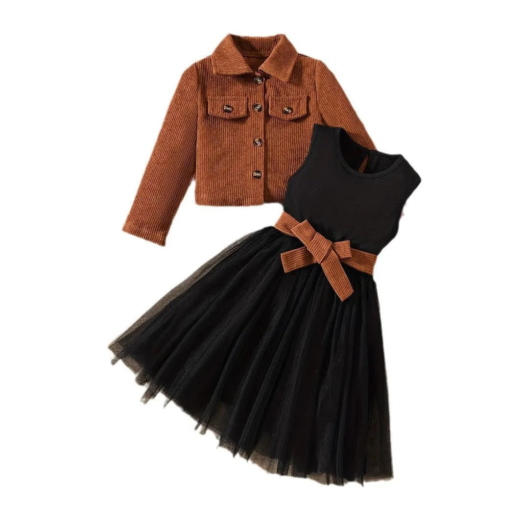 Girls' two-piece formal suit set with long-sleeve jacket and grenadine skirt in striped or solid colour