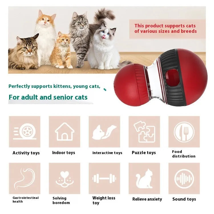 Plastic rotating funny cat sound food dropping ball toy on a white background.
