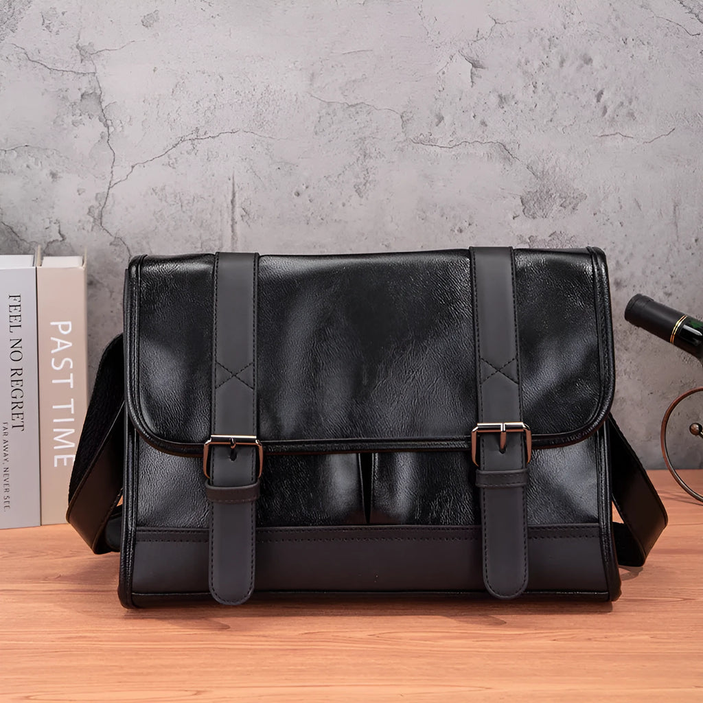 Black Korean style men's commuter backpack with decorative stitching and anti-theft features