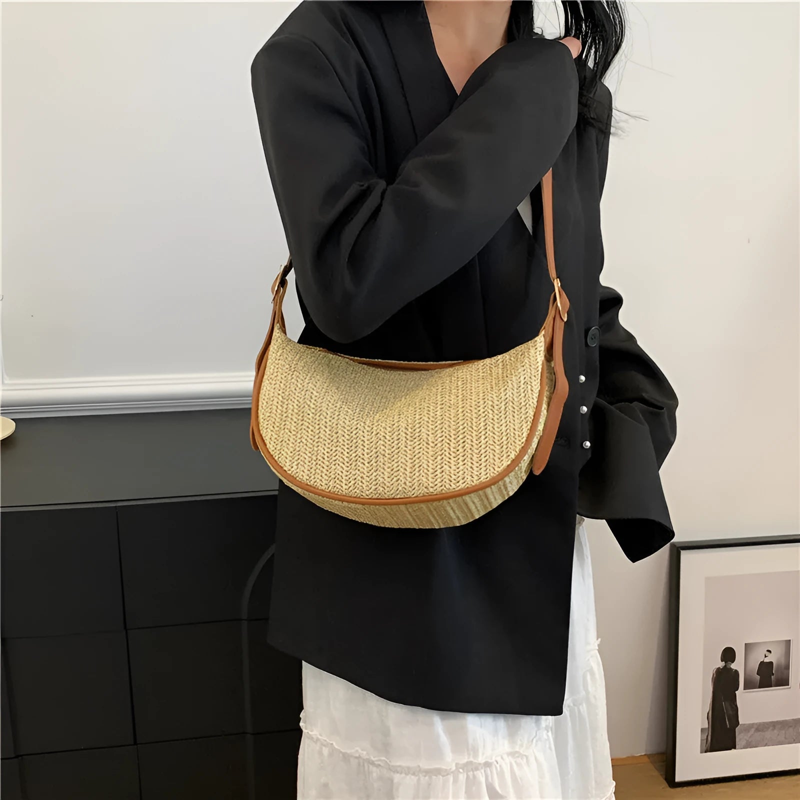 Women's woven straw crossbody bag with internal phone compartment and file storage