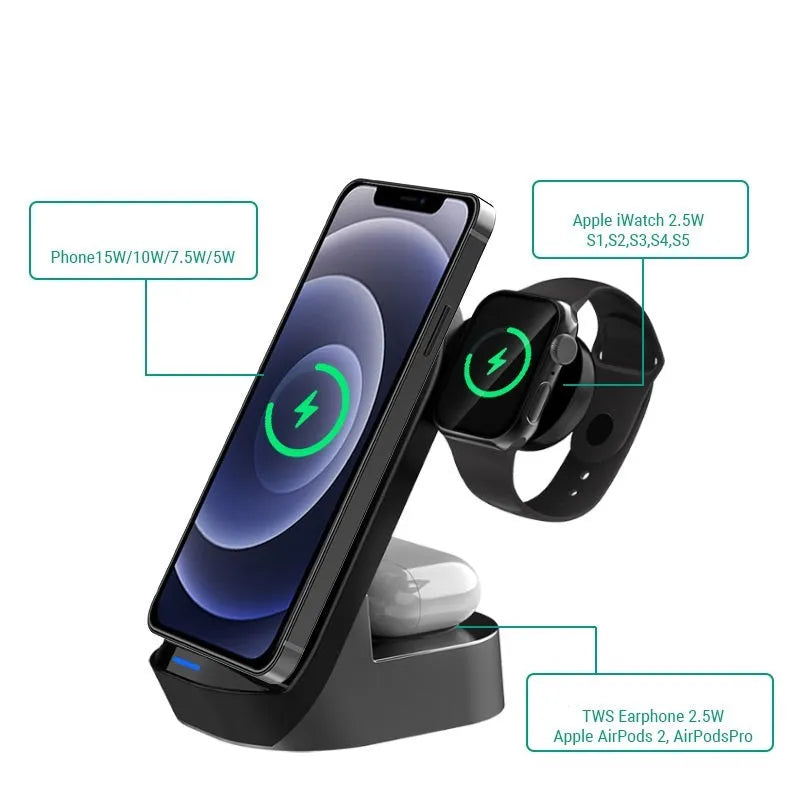 Black grey foldable 3-in-1 wireless charging stand with phone upright, watch and earbuds on pads.