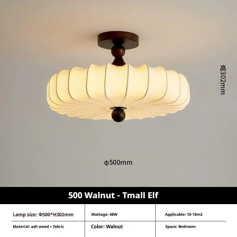 Mid-ancient French retro fabric ceiling lamp with ash wood frame in walnut colour on a ceiling