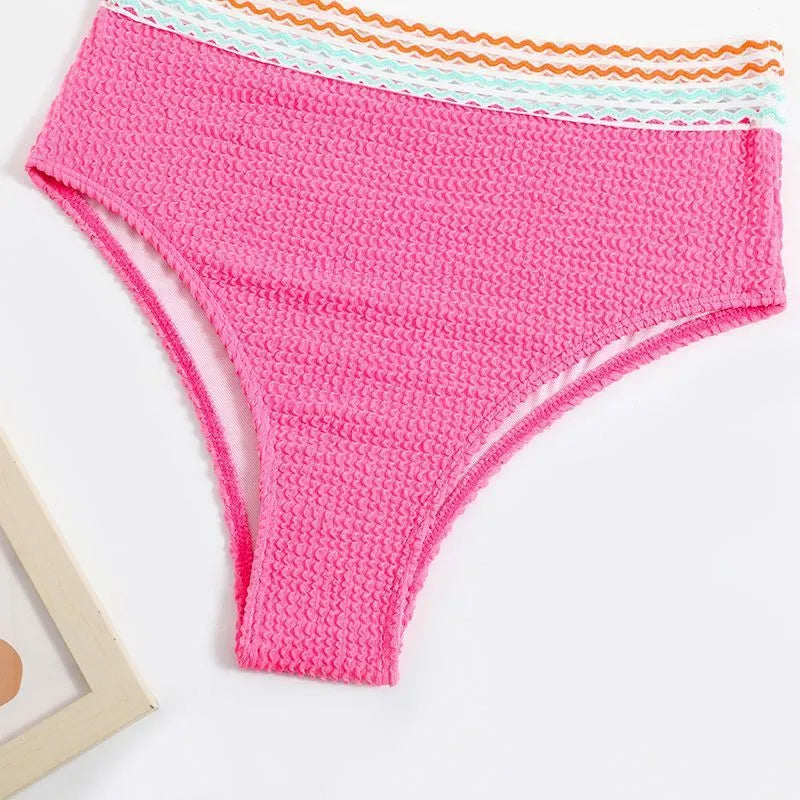 A pink high-waisted bikini set for women on a white background, showing the sleeveless top and briefs.