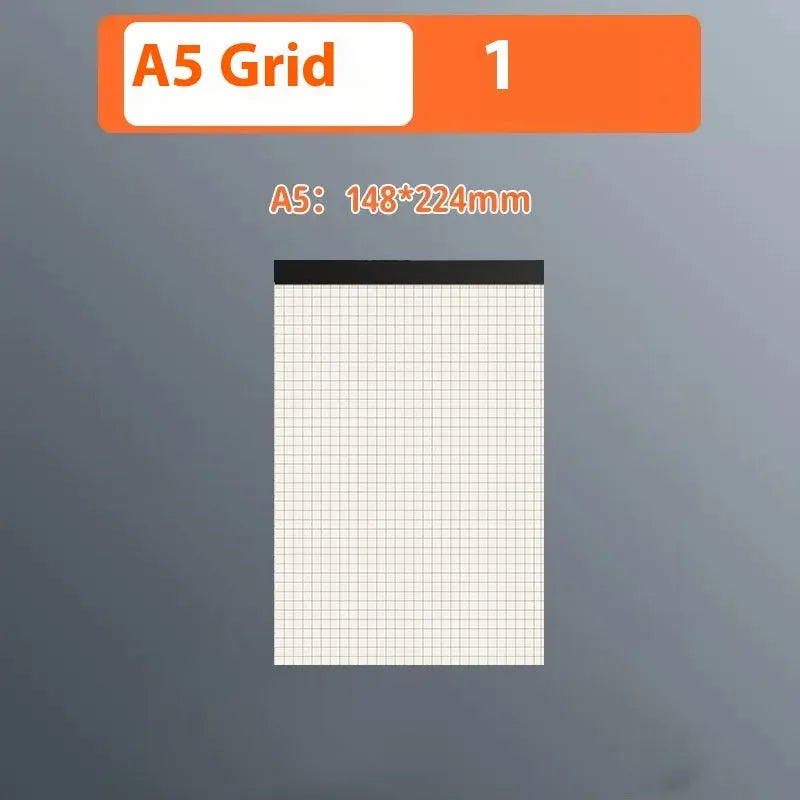 A5, B5, and A4 writing pads with tearable sheets in line, grid, and blank page styles.