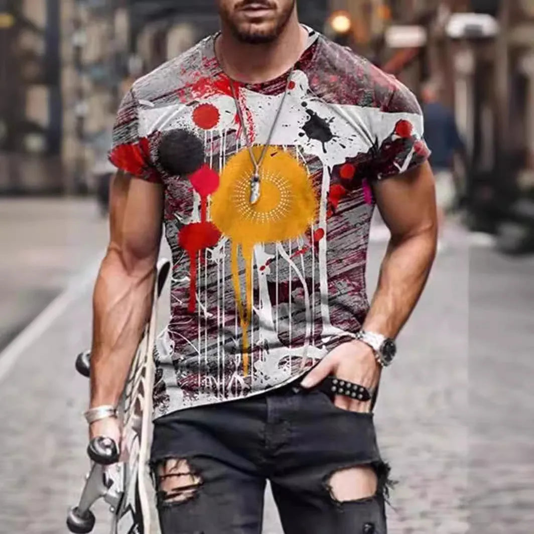 Man wearing a loose-fit camouflage print short-sleeved t-shirt.