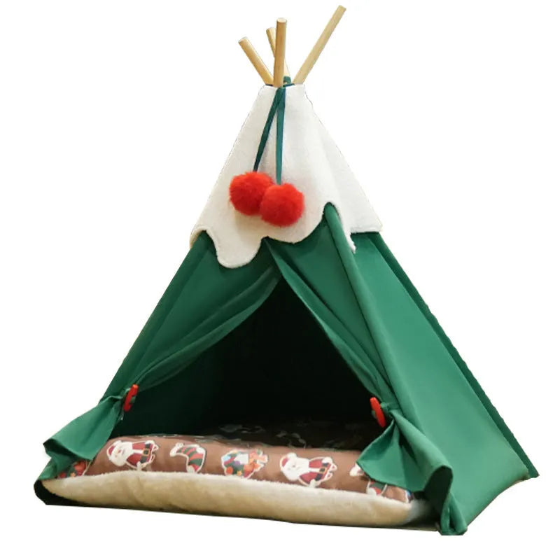 Semi-closed thick cloth cat house bed in brown or white, shown in two size options.