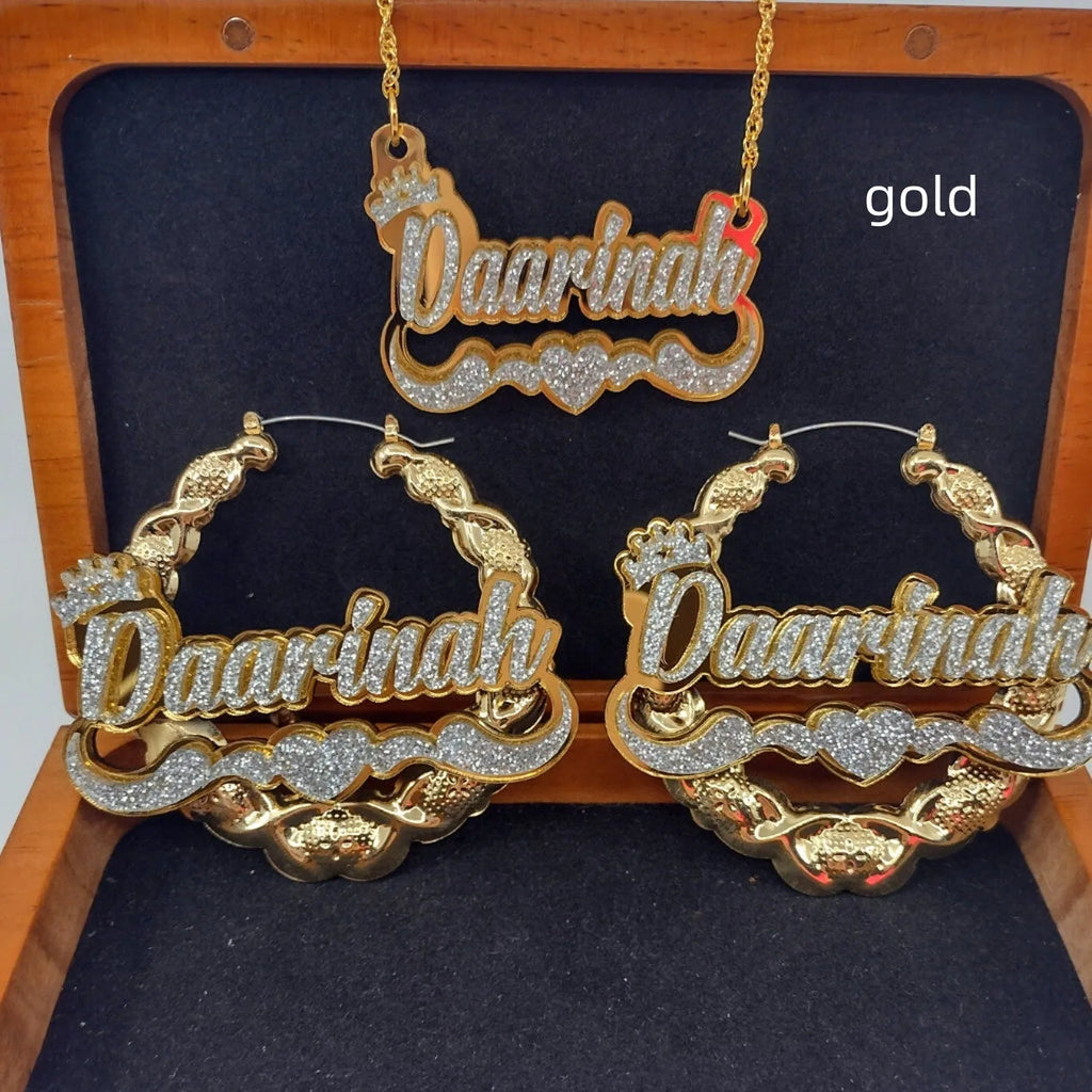 English name necklace and earring set with stainless steel letter pendant, twisted chain, gold rose gold silver options