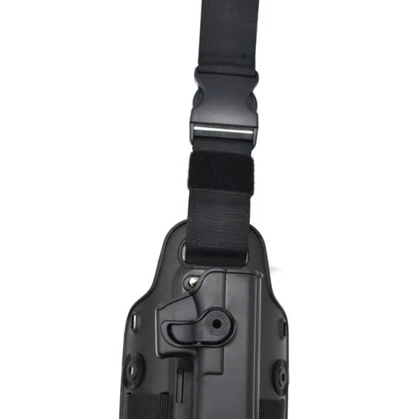 Green plastic quick-pull leg bag holster for tactical waist plates
