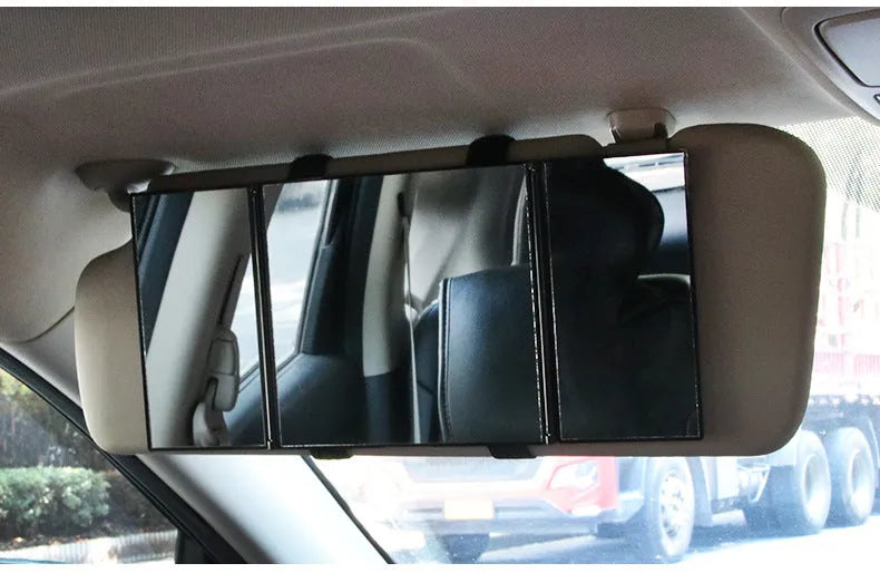 Silver car folding makeup mirror shown both closed and opened, with ABS frame and glass mirror.
