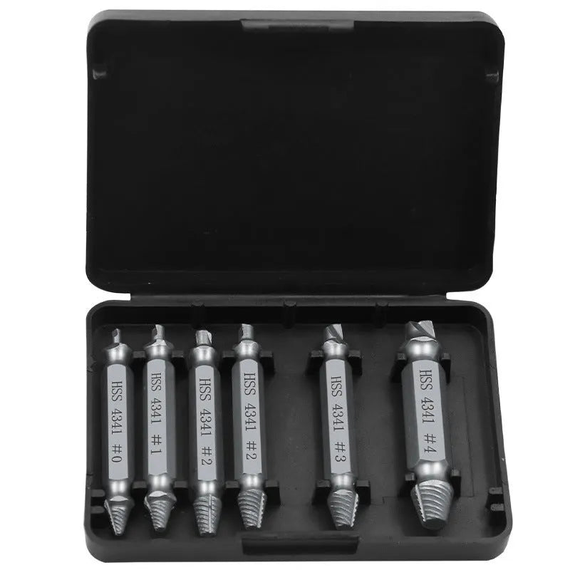 6-piece slip-tooth head screw remover set with high-speed steel construction for stripped screw removal