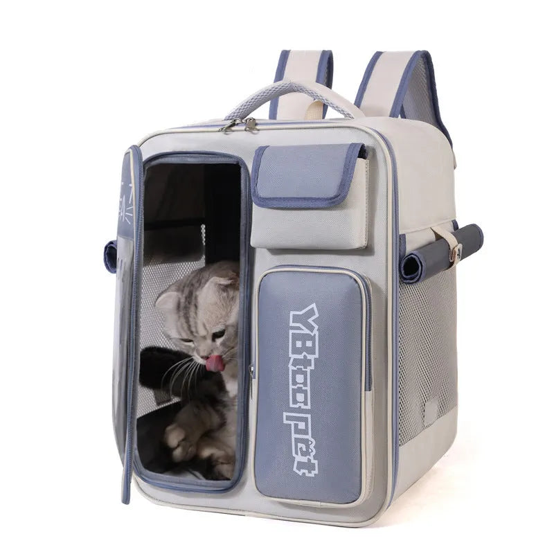 Beige and blue canvas cat backpack with double-sided breathable mesh, size 32x23x43cm, for cats under 7.50 kg