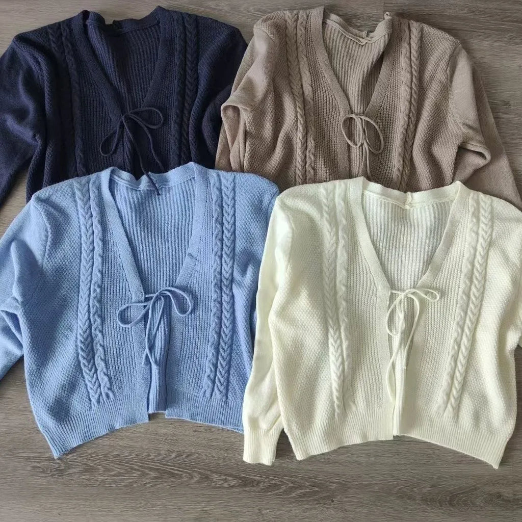 Lace-up V-neck oversized cable knit cardigan for women in brown, with button front and retro style