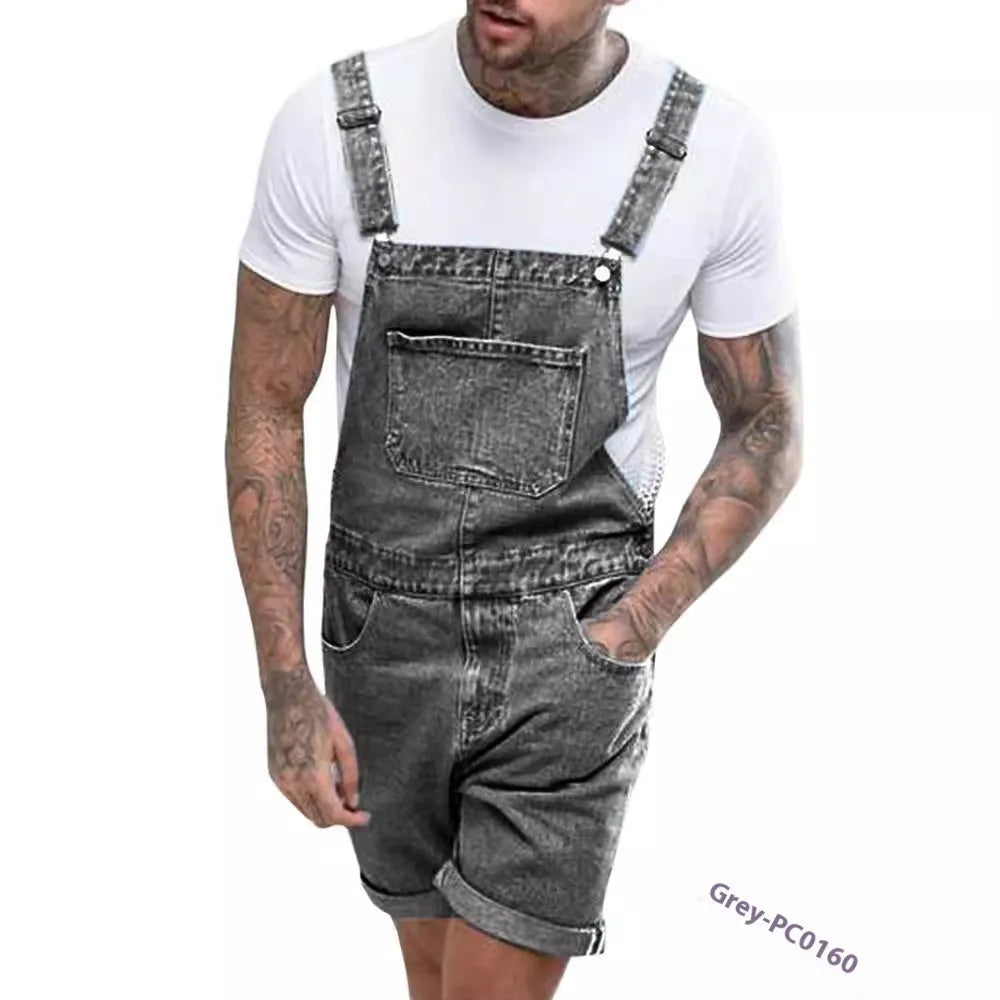 Men's grey denim suspender pants with a zip fly and straight-leg cut on a hanger.