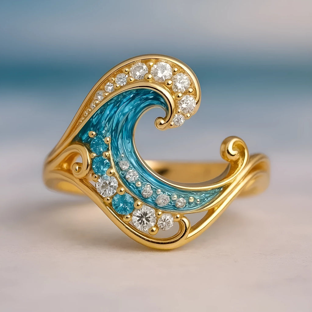 Gold-coloured Hailang Series zinc alloy ring with micro inlay detailing on a grey background