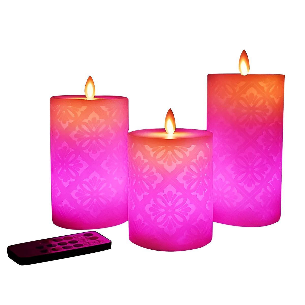 LED hollow pattern electronic candle decoration lamp, paraffin cylindrical body, 8x10cm to 8x15cm, battery operated