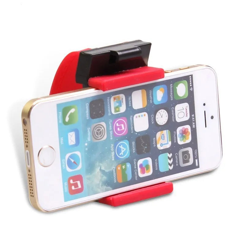 Black universal steering wheel phone mount clip holding a smartphone for hands-free use while driving.