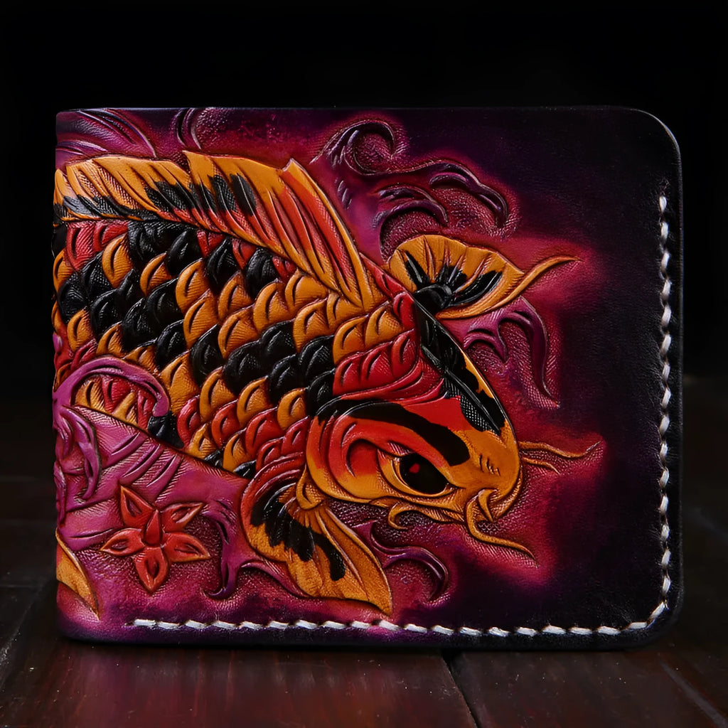 Hand-carved genuine cow leather men's short wallet in red, showing compact 10x12cm size and open bifold design.