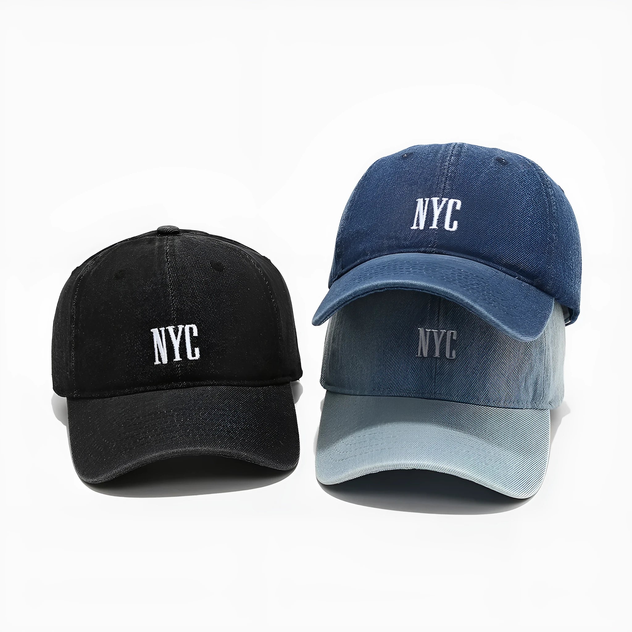 Retro denim peaked baseball cap with an alphabet letter, shown in light blue, dark blue, and black colours.