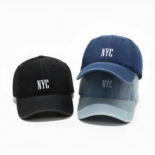 Retro denim peaked baseball cap with an alphabet letter, shown in light blue, dark blue, and black colours.
