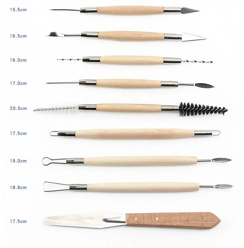 27-piece pottery clay tool set with stainless steel sculpting tools and wood plastic handles