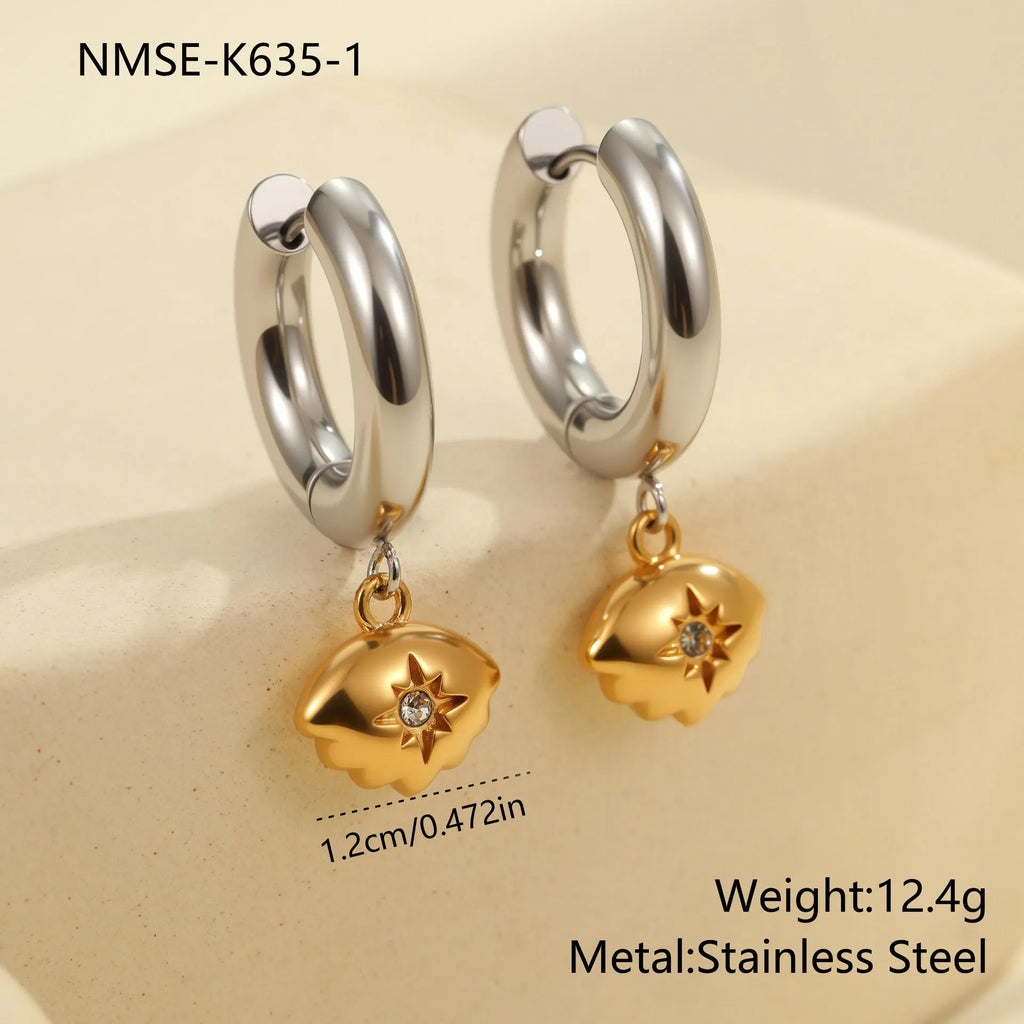 Stainless steel Christmas tree heart earrings with electroplated 18K gold finish showing heart and star shapes