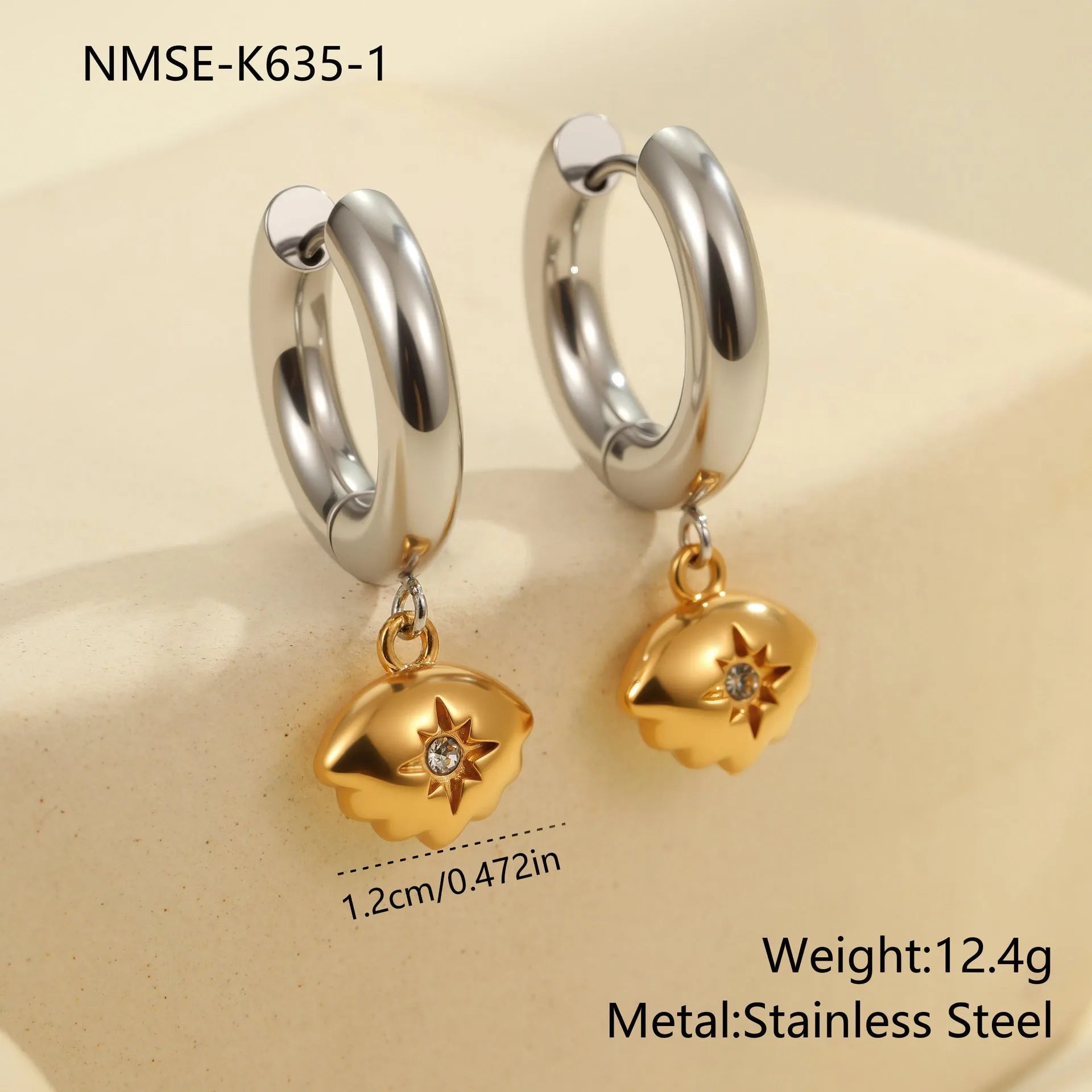 Stainless steel Christmas tree heart earrings with electroplated 18K gold finish showing heart and star shapes
