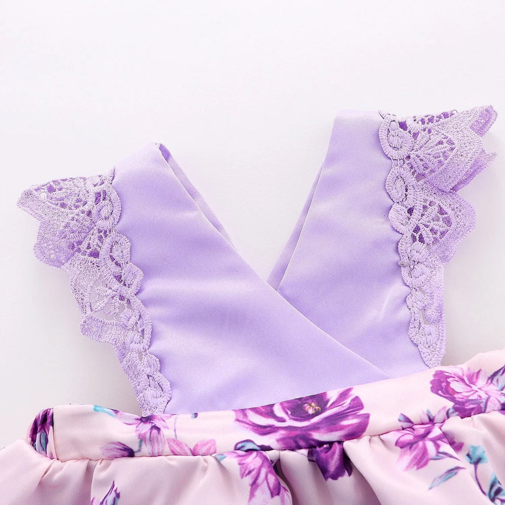 Girls Korean style sleeveless cotton summer princess dress in violet with flower print
