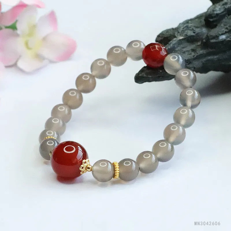 Smoky purple chalcedony red agate bracelet with 8mm geometry beads, natural stone jewellery