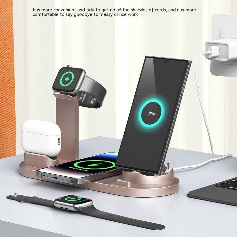 Upgraded three-in-one wireless charger and phone desk holder in black, rose gold, silver, or white.