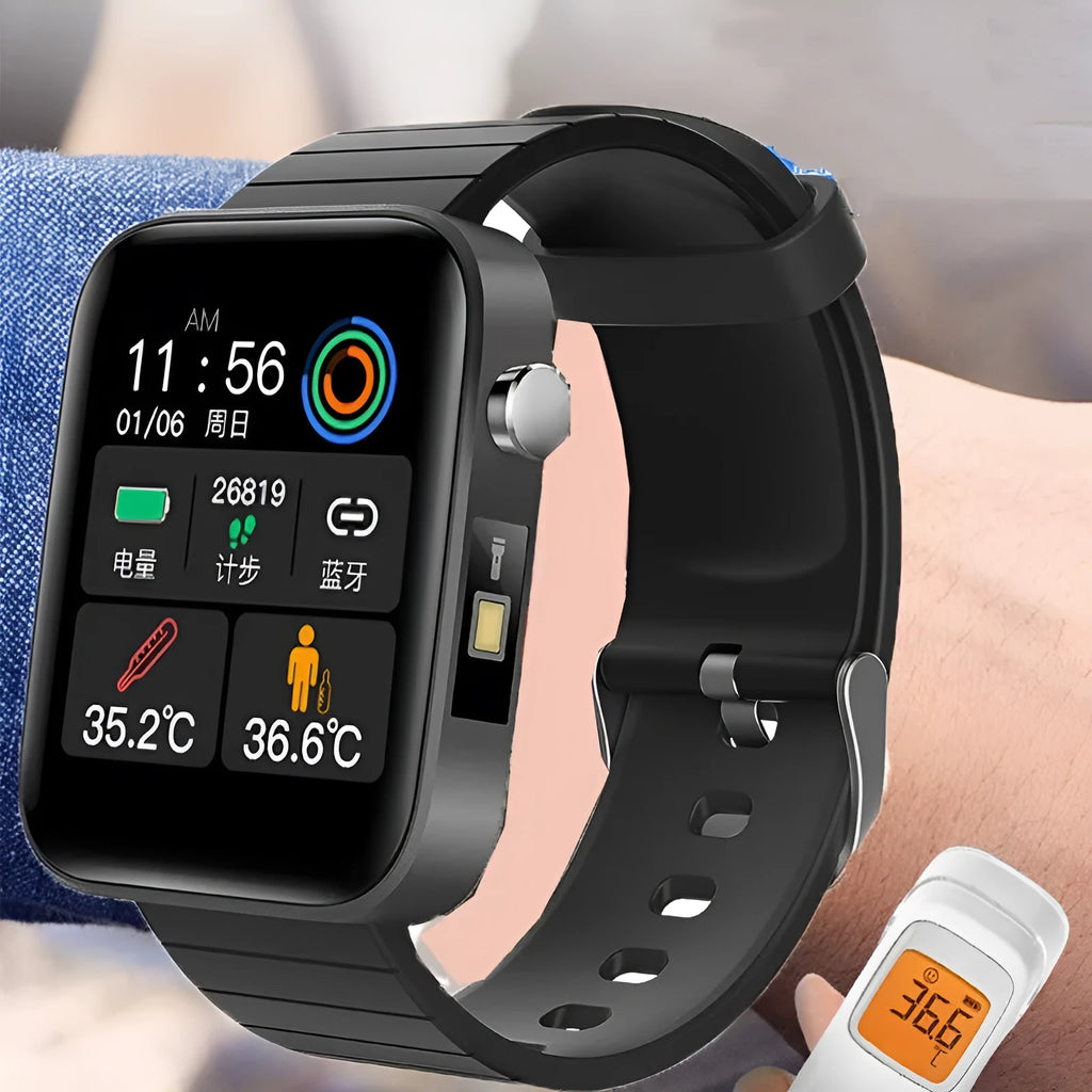 Black intelligent bracelet with touchscreen displaying blood pressure and body temperature readings