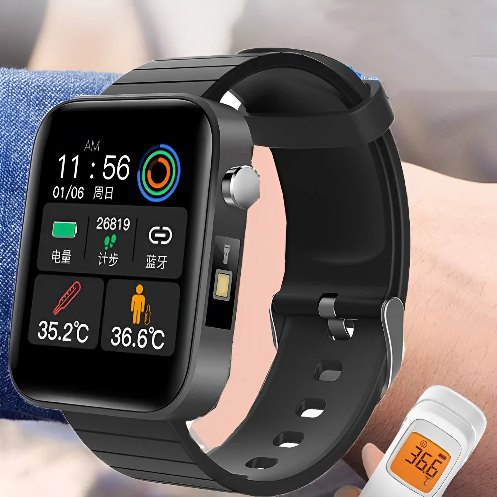 Black intelligent bracelet with touchscreen displaying blood pressure and body temperature readings